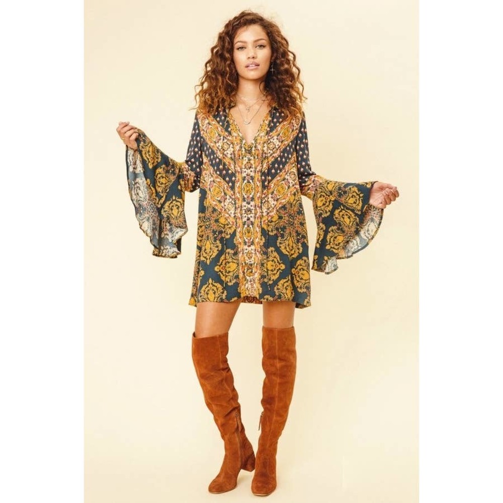 Free People Magic Mystery Tunic Mini Dress Blue Yellow Size XS